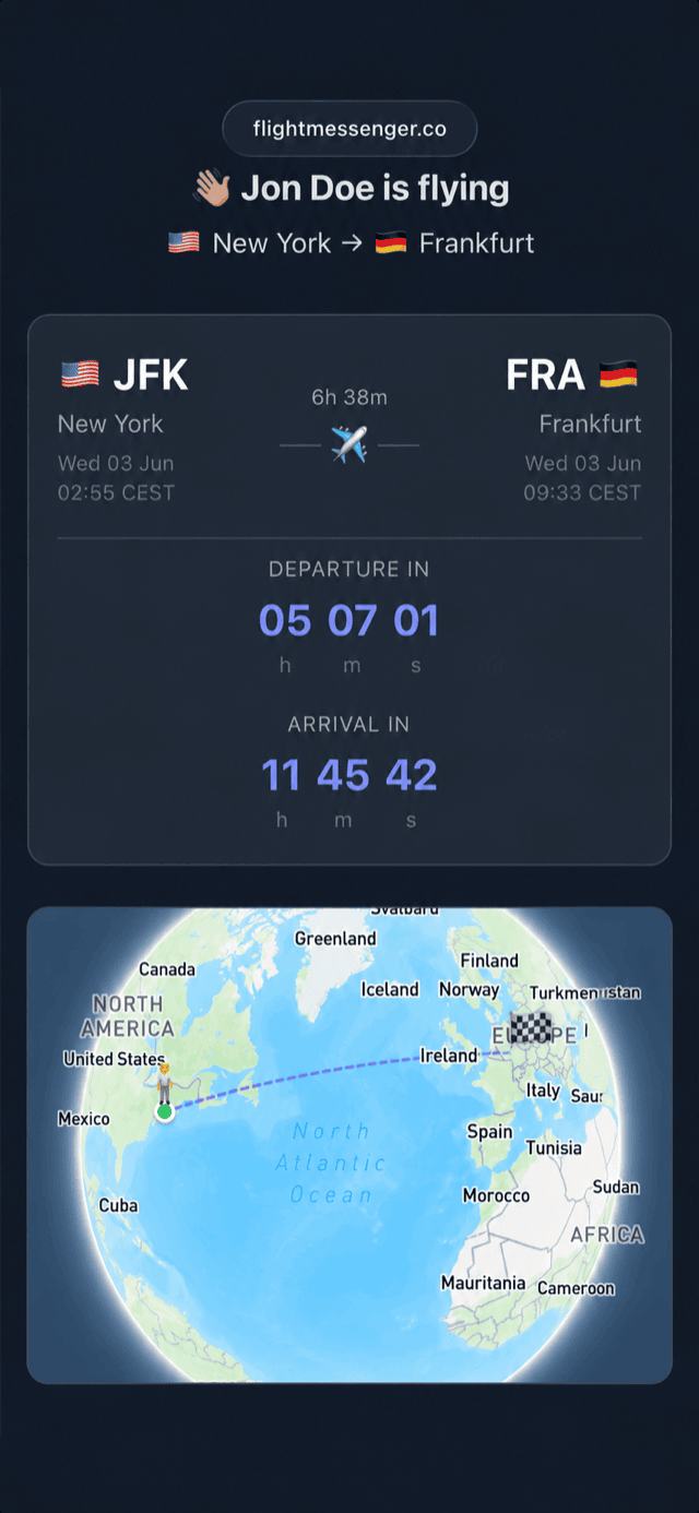 A FlightMessenger tracking page showing a flight's status, delay and countdown to landing